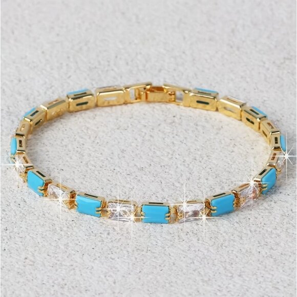 14K Gold Womens 1ct Diamond Natural Turquoise Gemstone Tennis Bracelet Jewelry - Picture 1 of 7